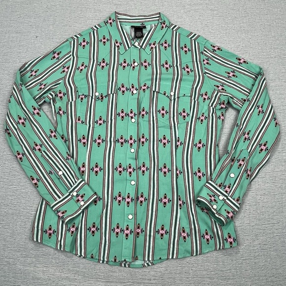 Wrangler Retro Sz M Southwestern Strip Pearl Snap Long Sleeve Shirt Western Top - Picture 1 of 7